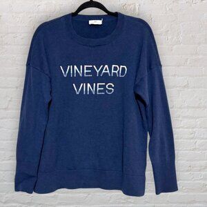 VINEYARD VINES Deep Bay Blue Intarsia Lightweight Crewneck Logo Sweater Womens M